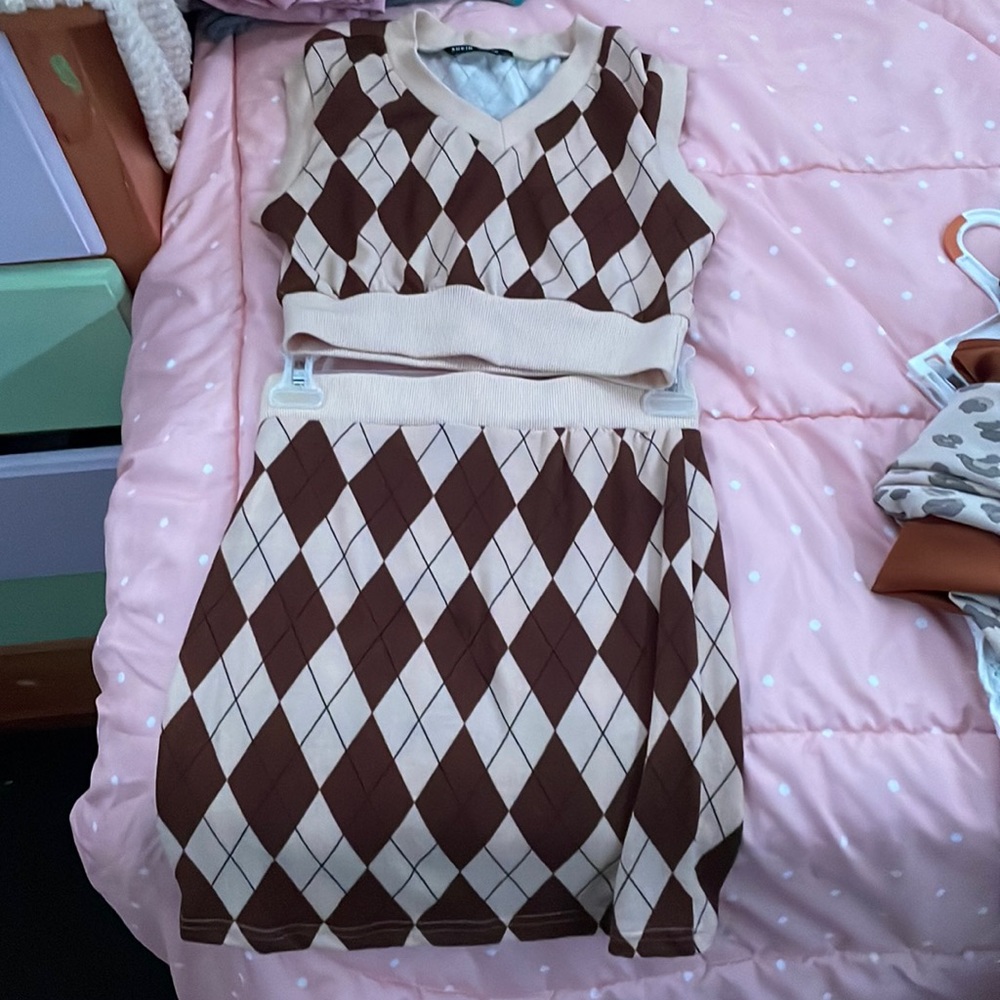 Brown and beige two piece skirt and vest SHIEN set